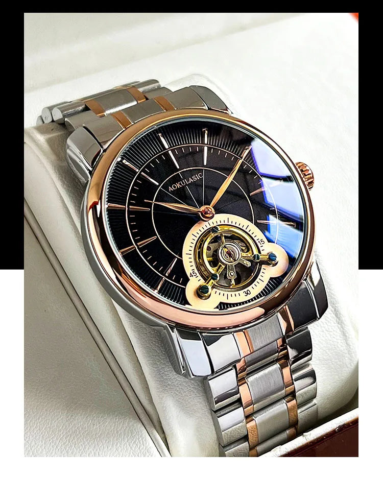 AOKULASIC Men New Mechanical Watch Tourbillon Wristwatch Waterproof Sport Automatic Watches Man Business Clock Relogio Masculino