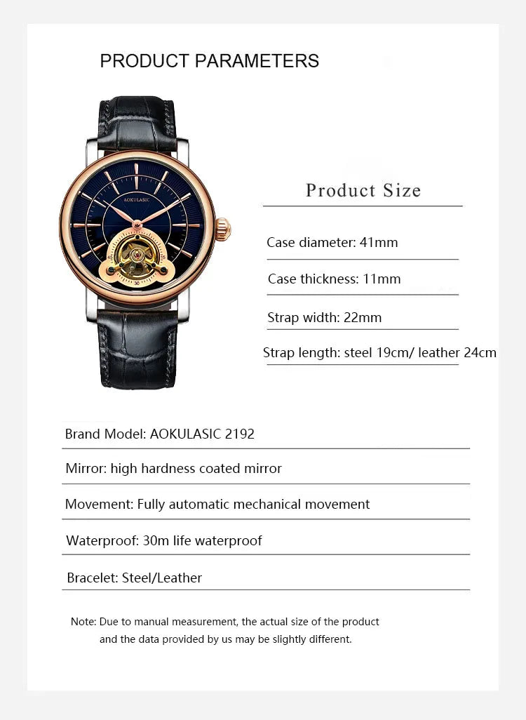 AOKULASIC Men New Mechanical Watch Tourbillon Wristwatch Waterproof Sport Automatic Watches Man Business Clock Relogio Masculino